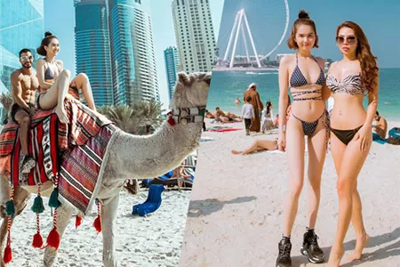 Ngọc Trinh - Khắc Tiệp chơi lớn mặc bikini cưỡi lạc đà trên biển, ăn tối trên không ở Dubai